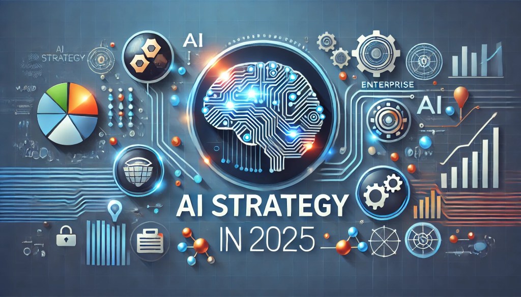 DALL·E 2025 01 06 08.22.42 A professional and clean vector style image representing AI strategy in 2025. The image features futuristic elements like a circuit board a glowing A