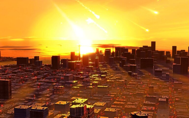 asteroid striking near city illustration