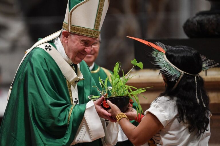 Pope Francis L receives a plant offered by an Amazon native as he celebrates the closing mass of the Synod on Amazonia on October 27 2019 at the Saint Peter s Basilica in the Vatican